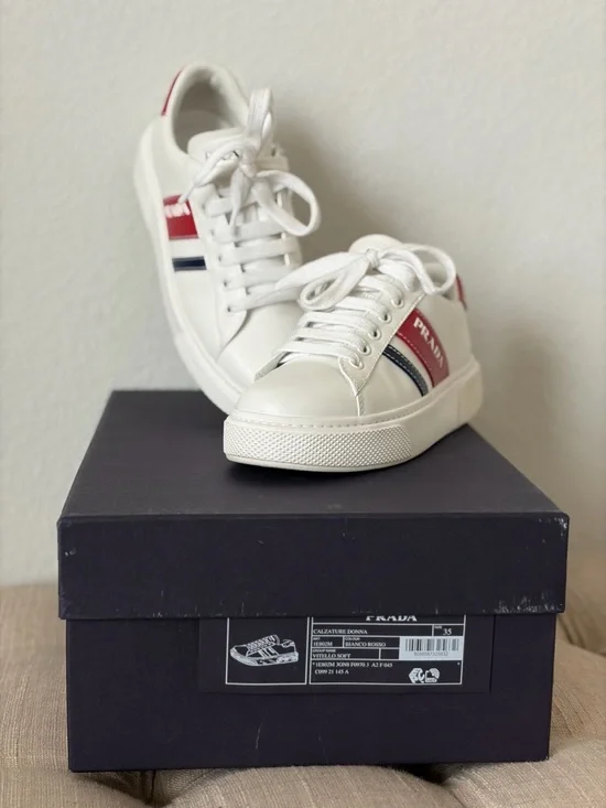 Prada White Leather Sneakers Red Stripe | Size 35 | Like New | Full Set - Picture 11 of 13